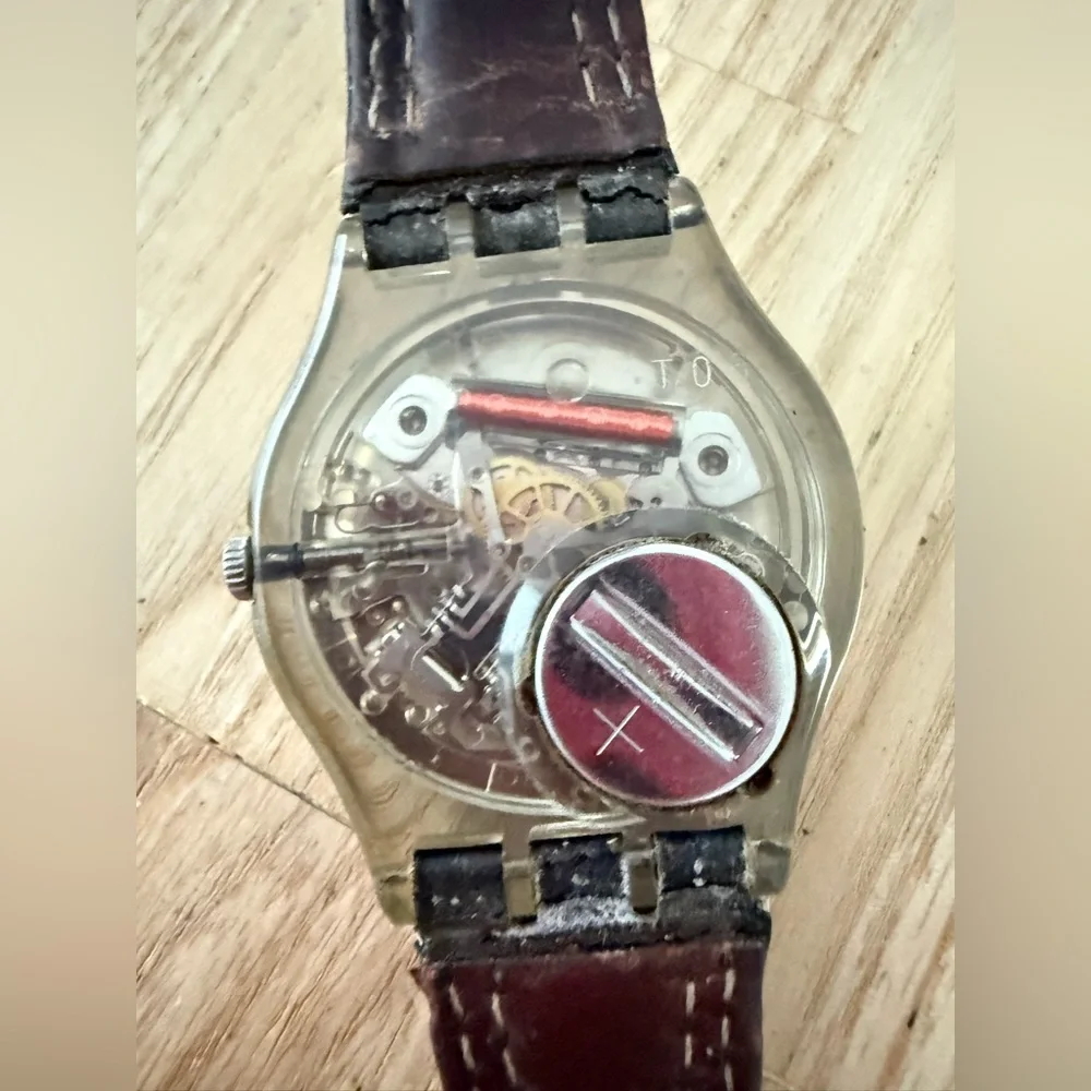 Swatch Blue dial brown strap, Blue Choco classic watch NEW BATTERY